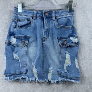 American Bazi Mini Skirt Cargo Denim Distressed Stretch Womens Size Small Blue